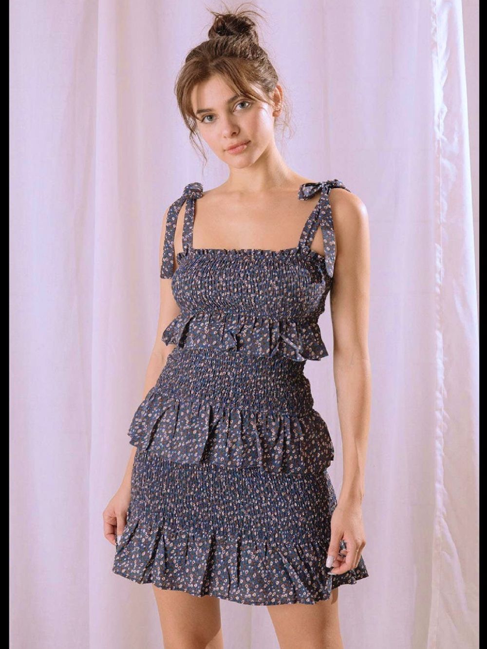 STORIA Smocked Navy Floral Tie-Shoulder Mini Dress 💙NWT💙